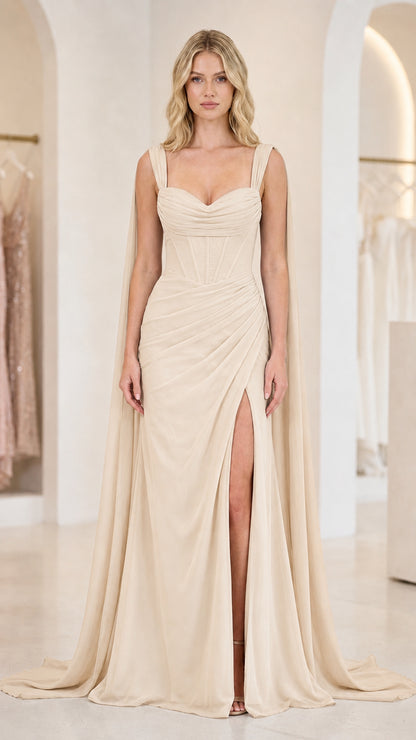 Front view of champagne evening gown with cape