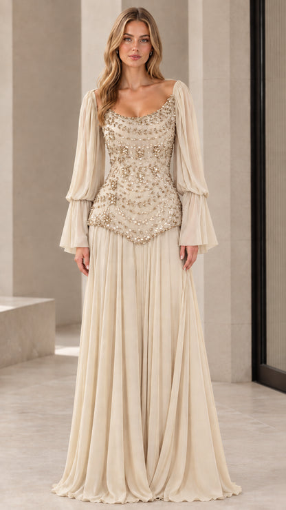 Front view of woman wearing champagne beige embellished chiffon formal gown