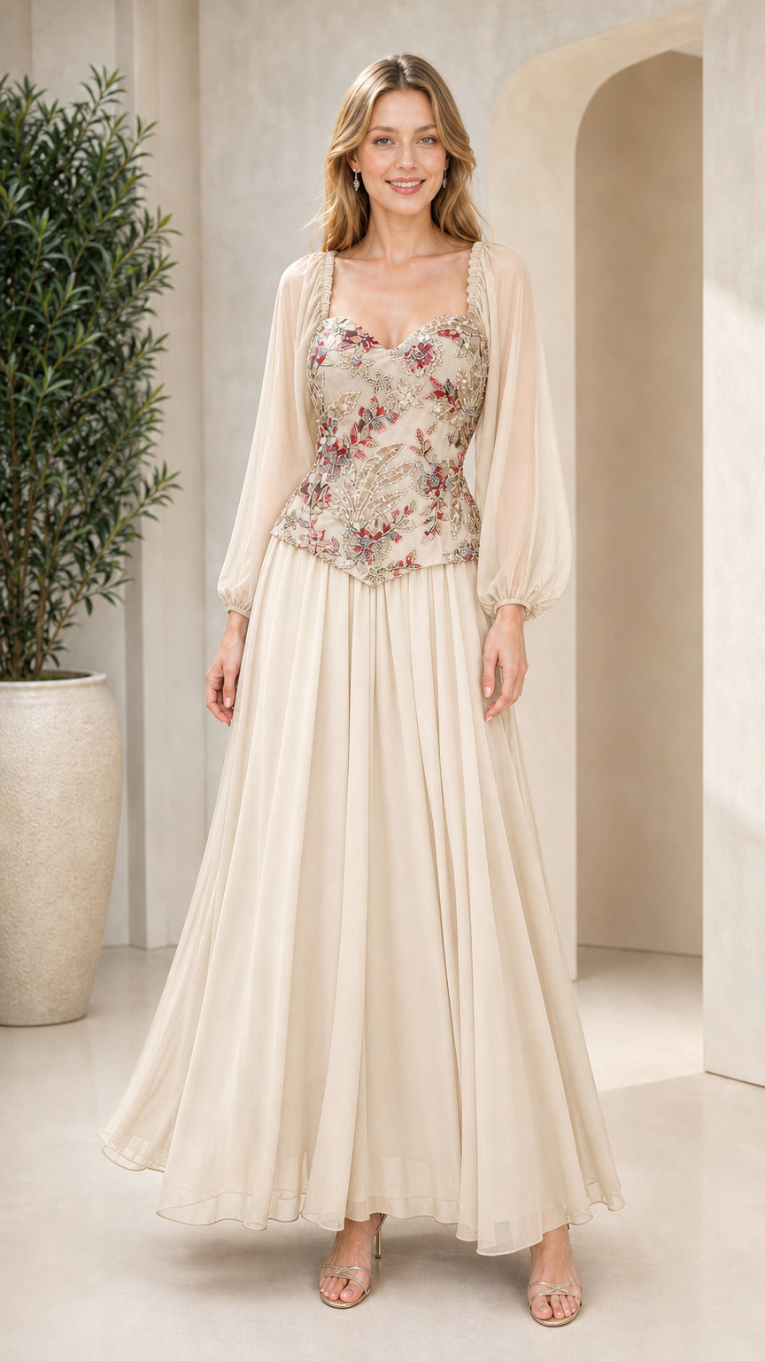 Champagne cream long sleeve chiffon formal gown with floral embroidery