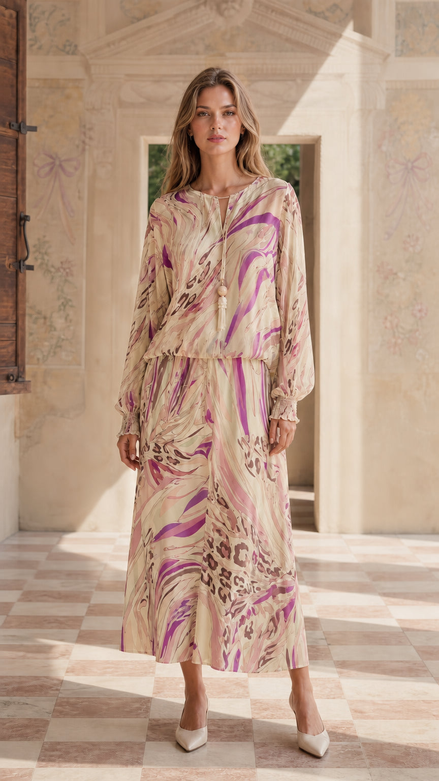 Model wearing beige abstract print maxi dress set