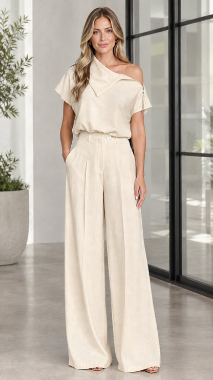 Beige neutral tone asymmetric top and tailored wide leg pants set