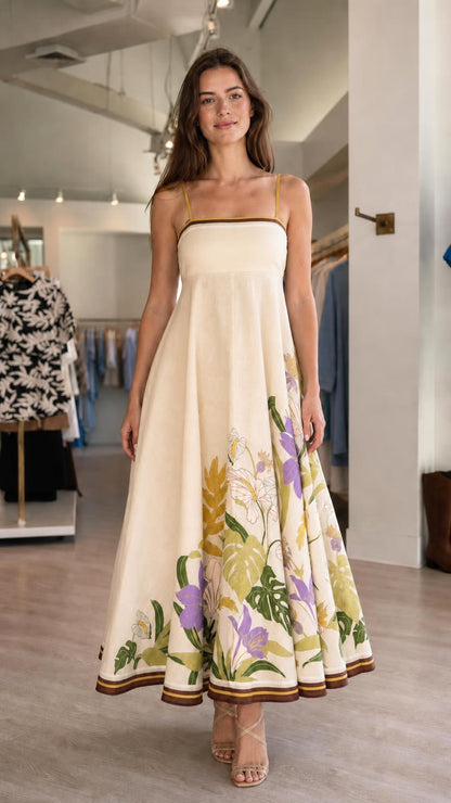 Front view of off-white floral maxi dress