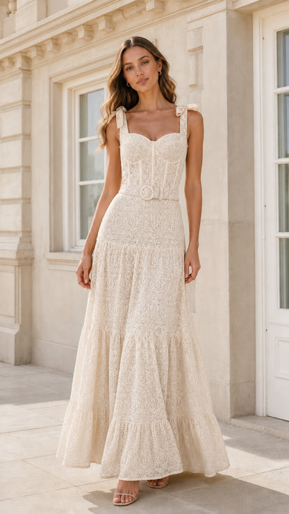 Front view of off-white lace tiered maxi dress