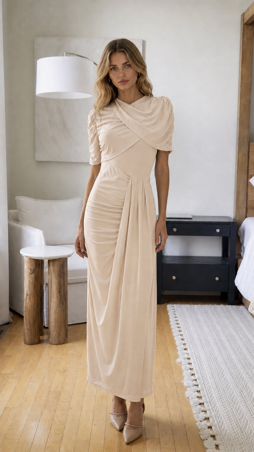 Front view of model wearing Champagne draped maxi dress