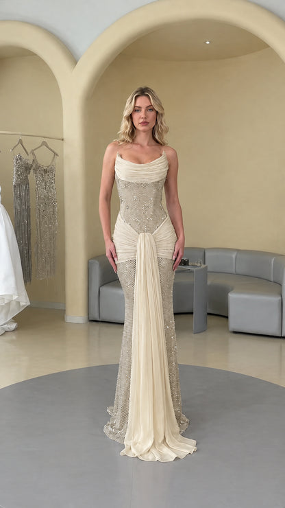 Champagne cream draped rhinestone evening gown with side train