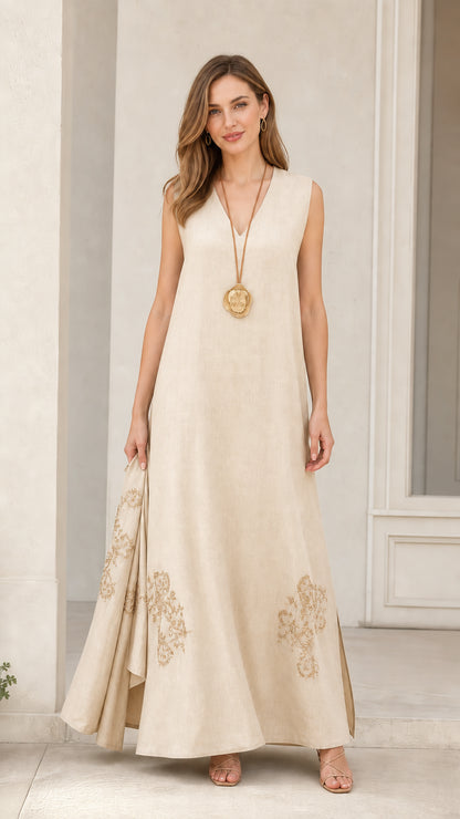 Front view of model wearing beige sleeveless maxi dress