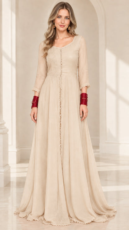 Front view of model wearing champagne beige chiffon embroidered maxi evening dress