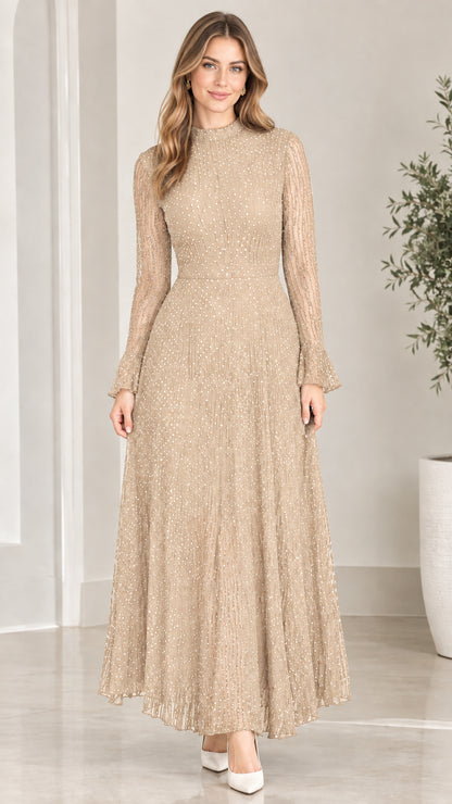 Champagne beige shimmering pleated mock neck maxi gown