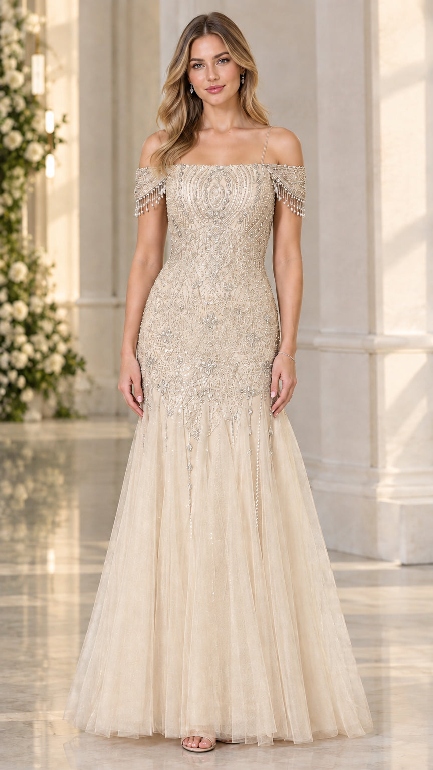 Champagne gold sequined and beaded tulle mermaid gown front view