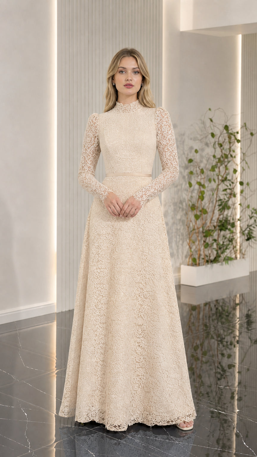 Full-length view of champagne beige modest lace maxi dress