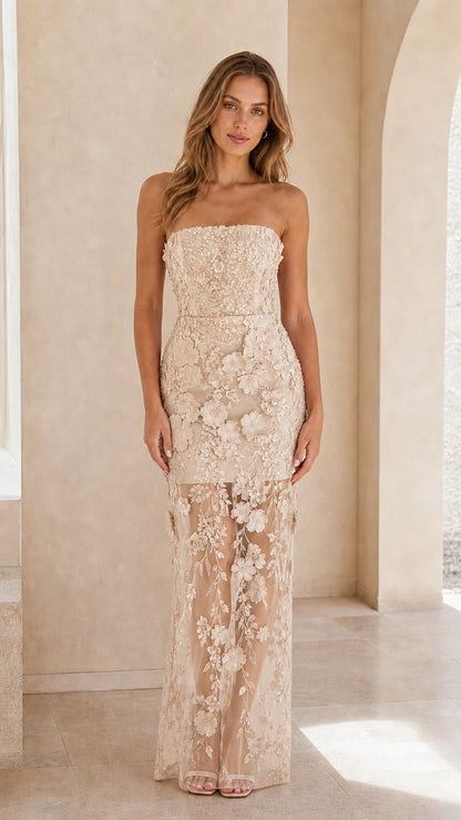 Full-length front view of strapless 3D floral lace maxi dress in champagne beige