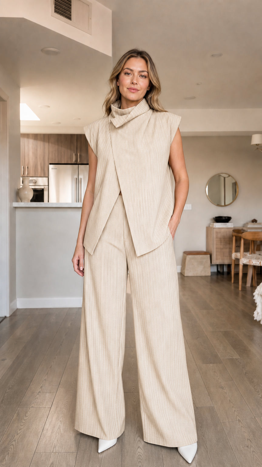 Model wearing beige pinstripe matching set