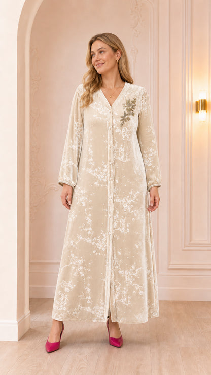 Full-length view of champagne beige floral beaded velvet maxi dress