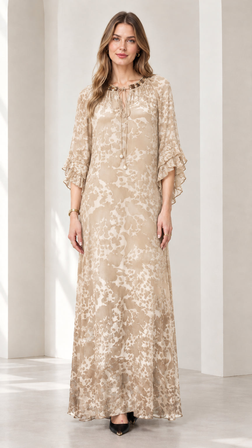 Champagne Beige elegant tiered sleeve chiffon maxi dress on model