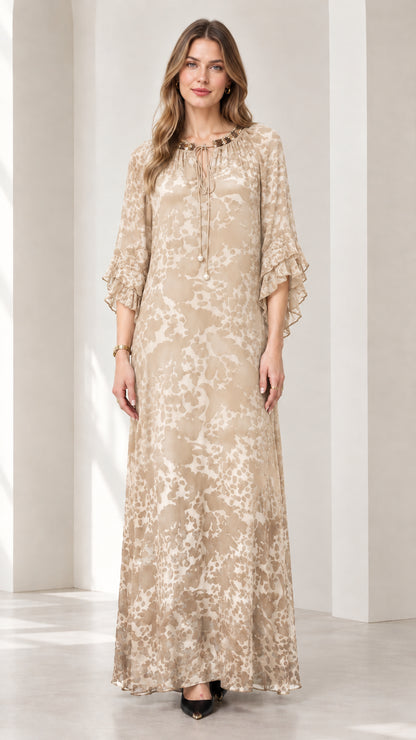 Champagne Beige elegant tiered sleeve chiffon maxi dress on model