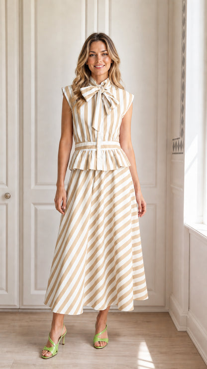 Model wearing khaki and white striped midi dress