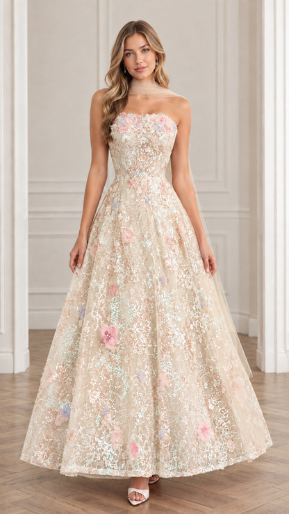 Full-length view of model wearing Champagne gold sequin and floral appliqué tulle gown