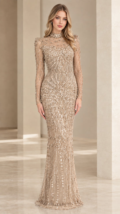 Full-length front view of woman wearing champagne gold embellished long-sleeve evening gown