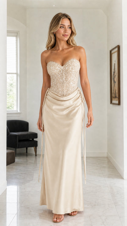 Champagne variant of the sequin corset satin maxi dress