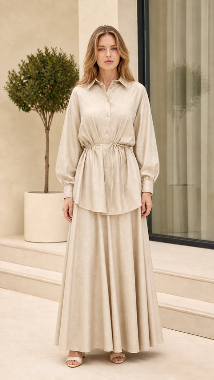 Full-length view of woman wearing Beige button-down top and maxi skirt set
