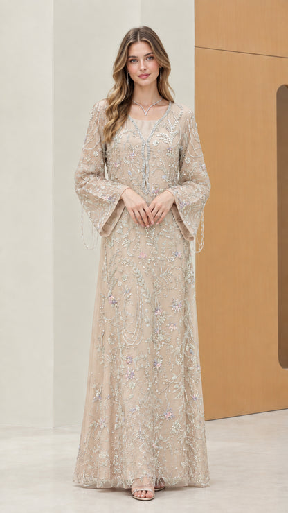 Model wearing Champagne gold floral embroidered evening maxi dress