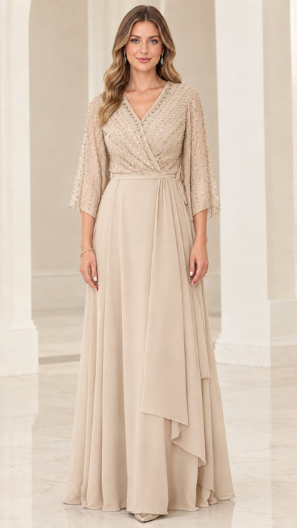 Champagne beaded A-line chiffon formal gown with draped overlay