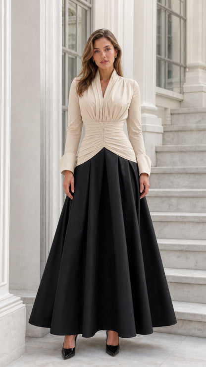 Front view of beige and black variant maxi dress