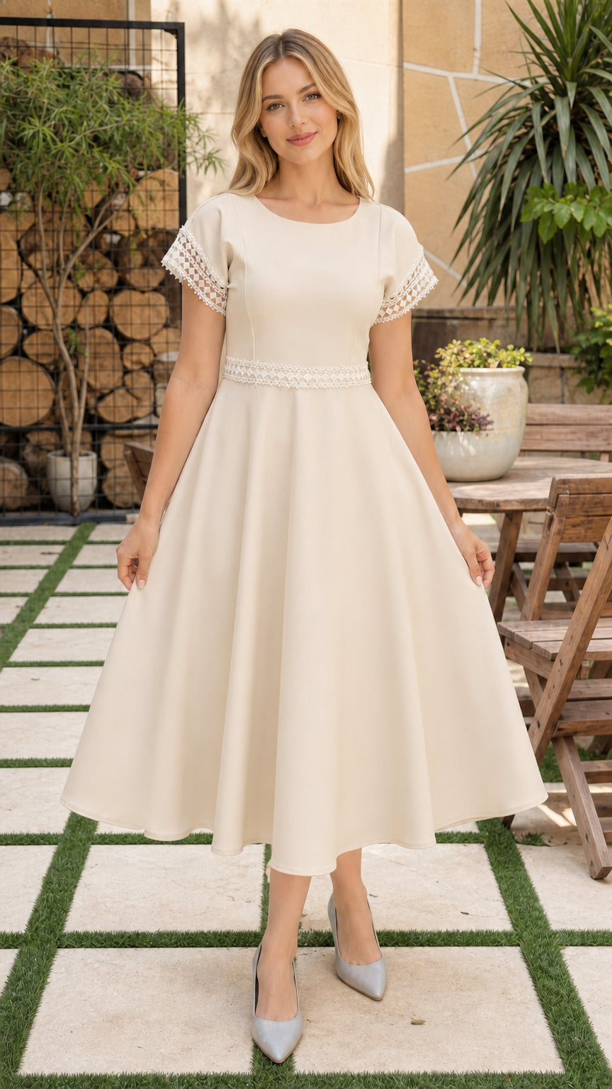 Model wearing cream ivory short sleeve crochet trim A-line swing midi dress