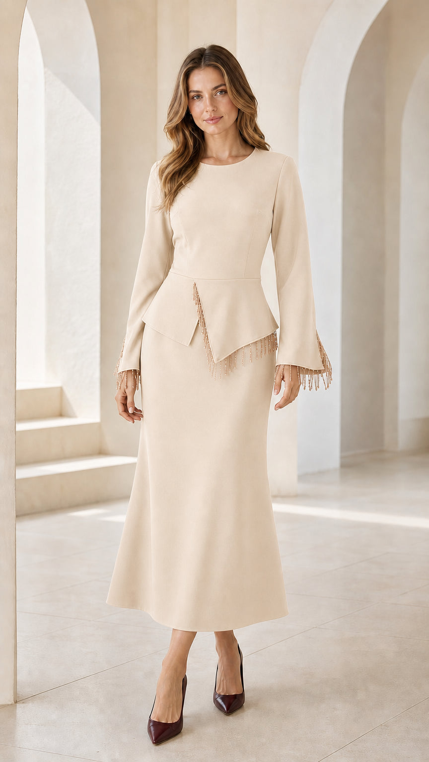 Champagne cream long sleeve peplum evening midi dress