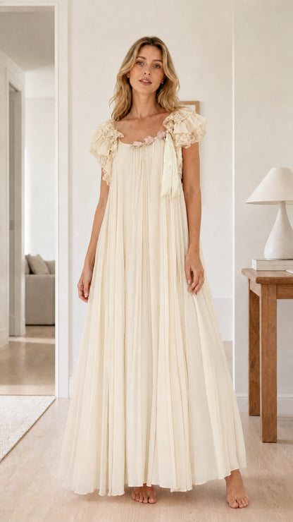 Full front view of cream ivory pleated romantic maxi nightgown dress