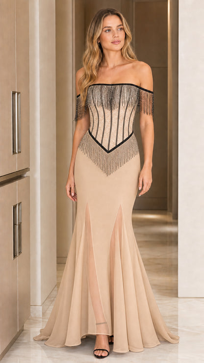 Champagne off-shoulder mermaid evening dress