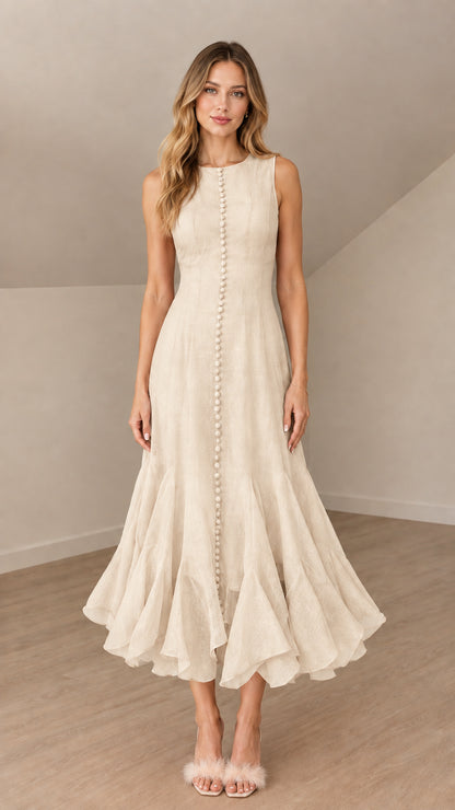 Front view of model wearing cream sleeveless button-front midi dress