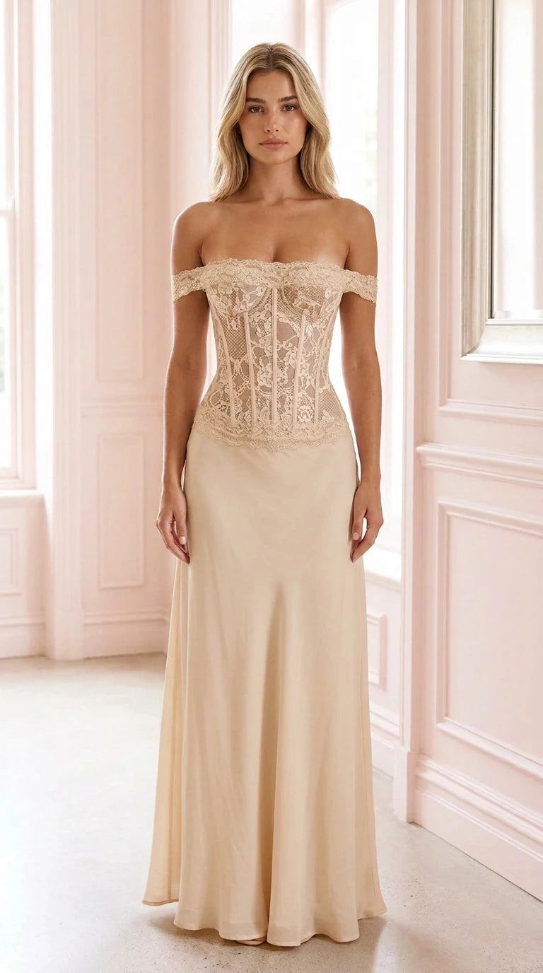 Front view of champagne off-shoulder lace corset evening dress