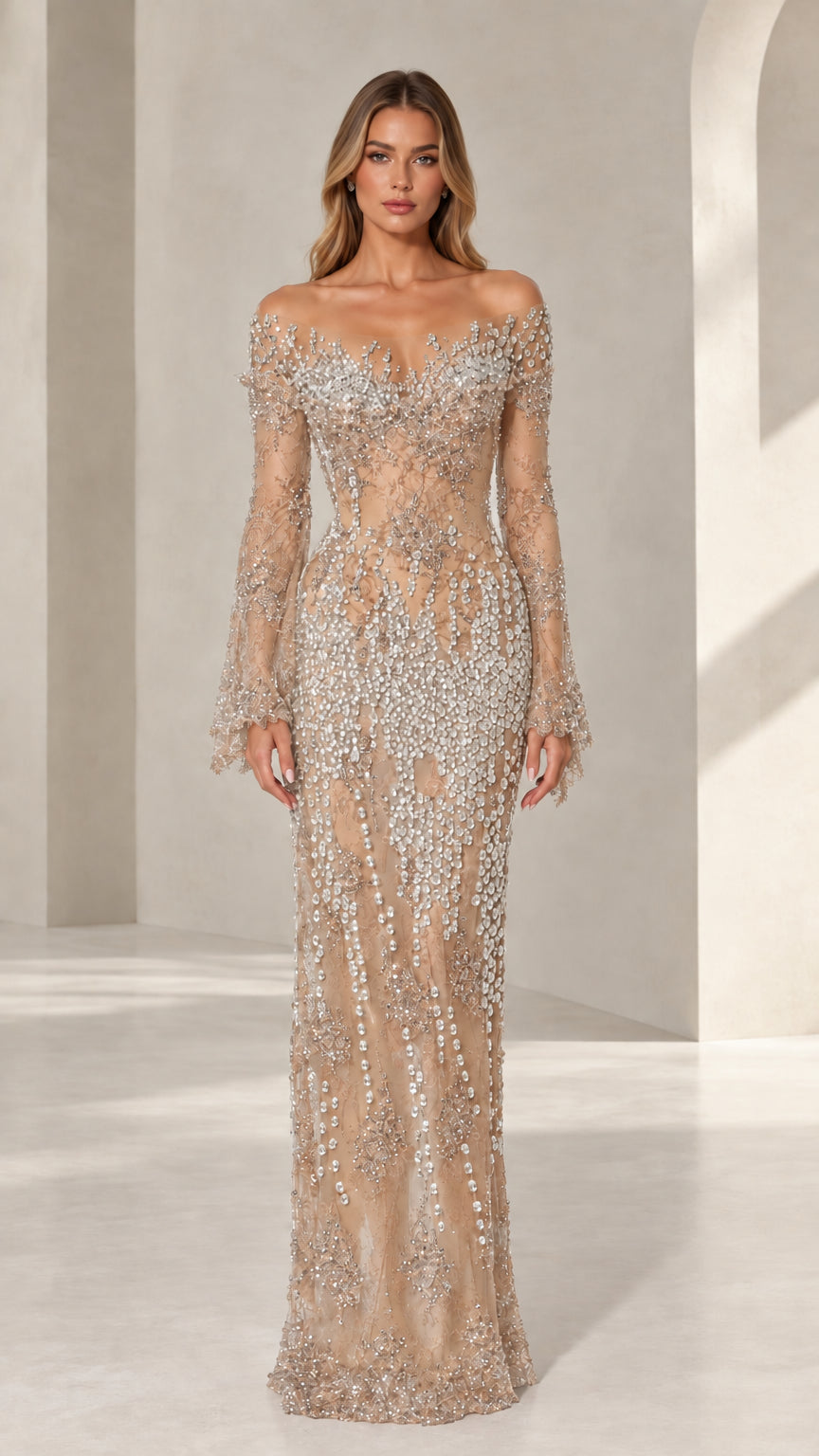Champagne sparkling embellished lace evening gown
