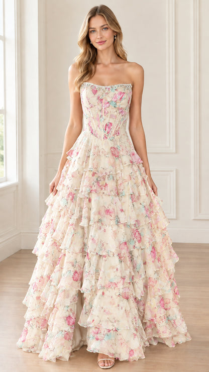 Front view of model wearing ivory cream floral strapless tiered ruffle ball gown
