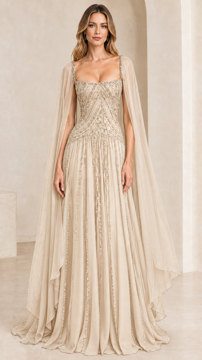 Front view of champagne beige sequined cape sleeve evening dress