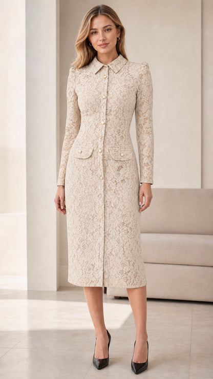 Full front view of beige lace midi dress