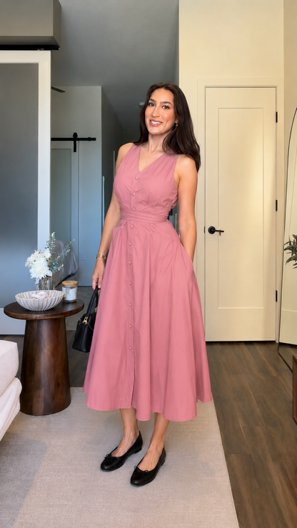 Dusty rose sleeveless V-neck button-front midi dress with flowy skirt