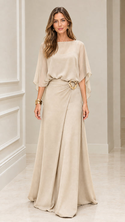 Front view of Champagne beige draped chiffon cape sleeve maxi dress