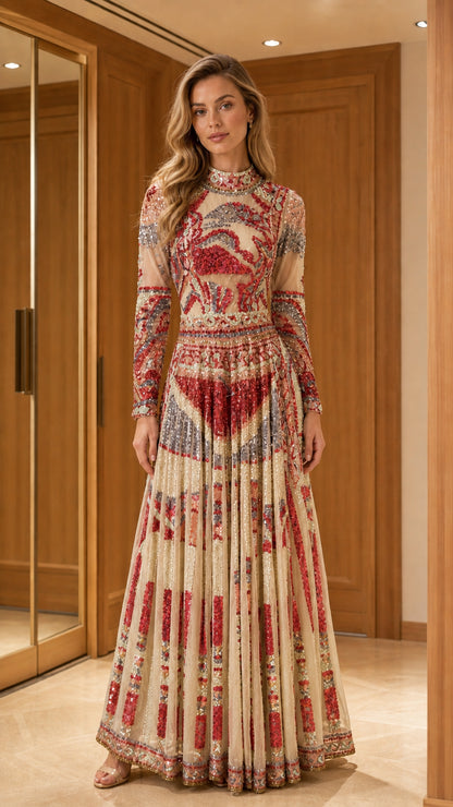 Champagne embellished long sleeve evening gown