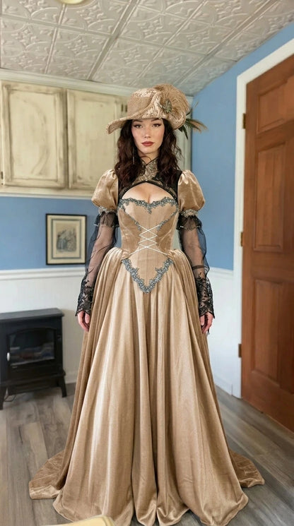 Front view of Victorian Gothic champagne velvet ball gown
