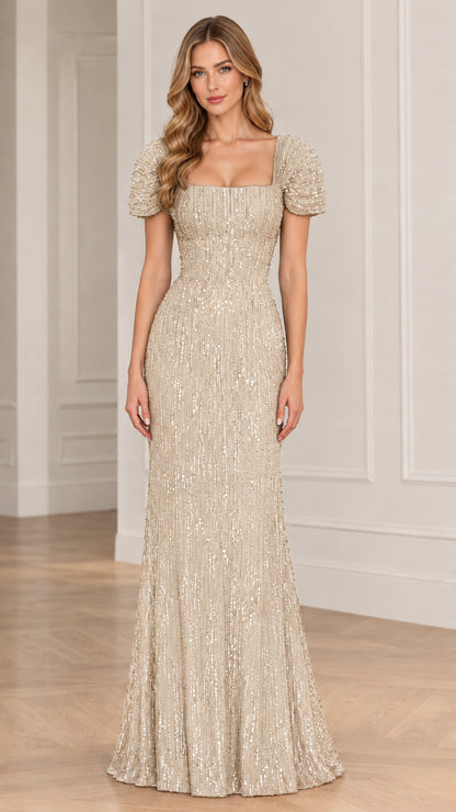 Full front view of champagne gold sequin square neck evening gown