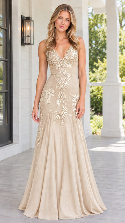 Champagne beige floral embroidered floor-length maxi dress