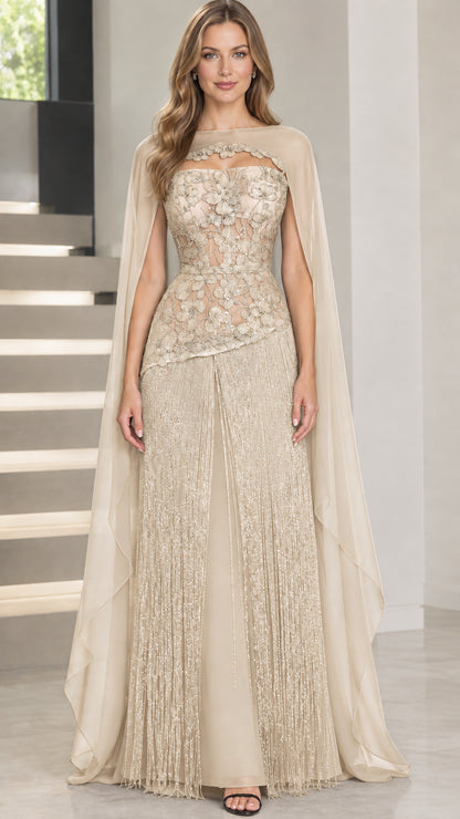 Champagne gold embellished corset formal gown with sheer capelet