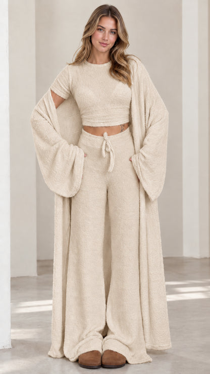 Beige oatmeal 3-piece fuzzy knit lounge set