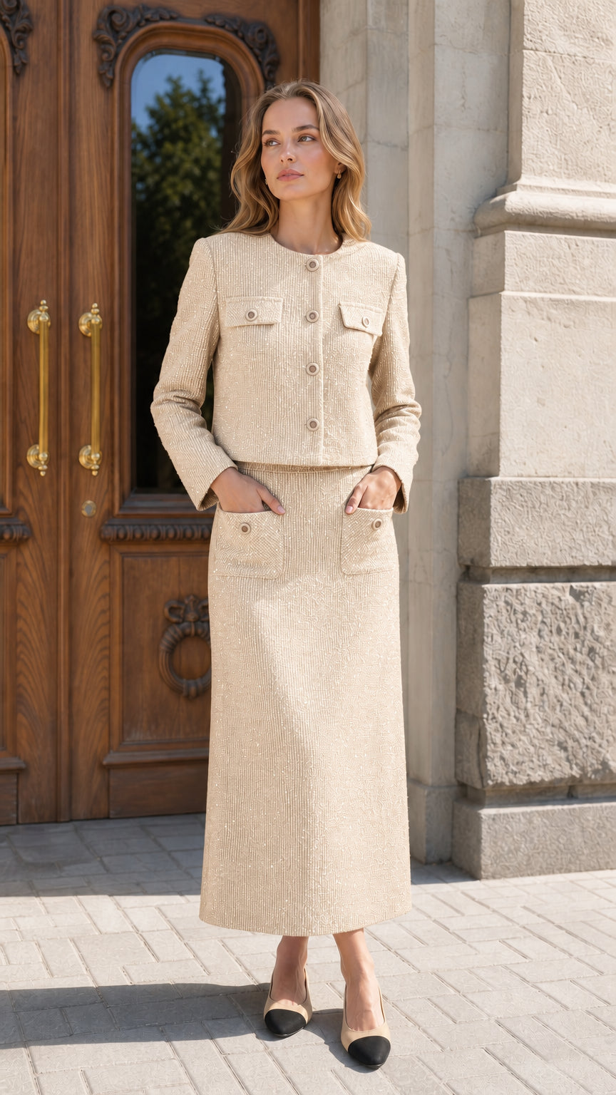 Woman wearing cream beige tweed cropped jacket and maxi column skirt set