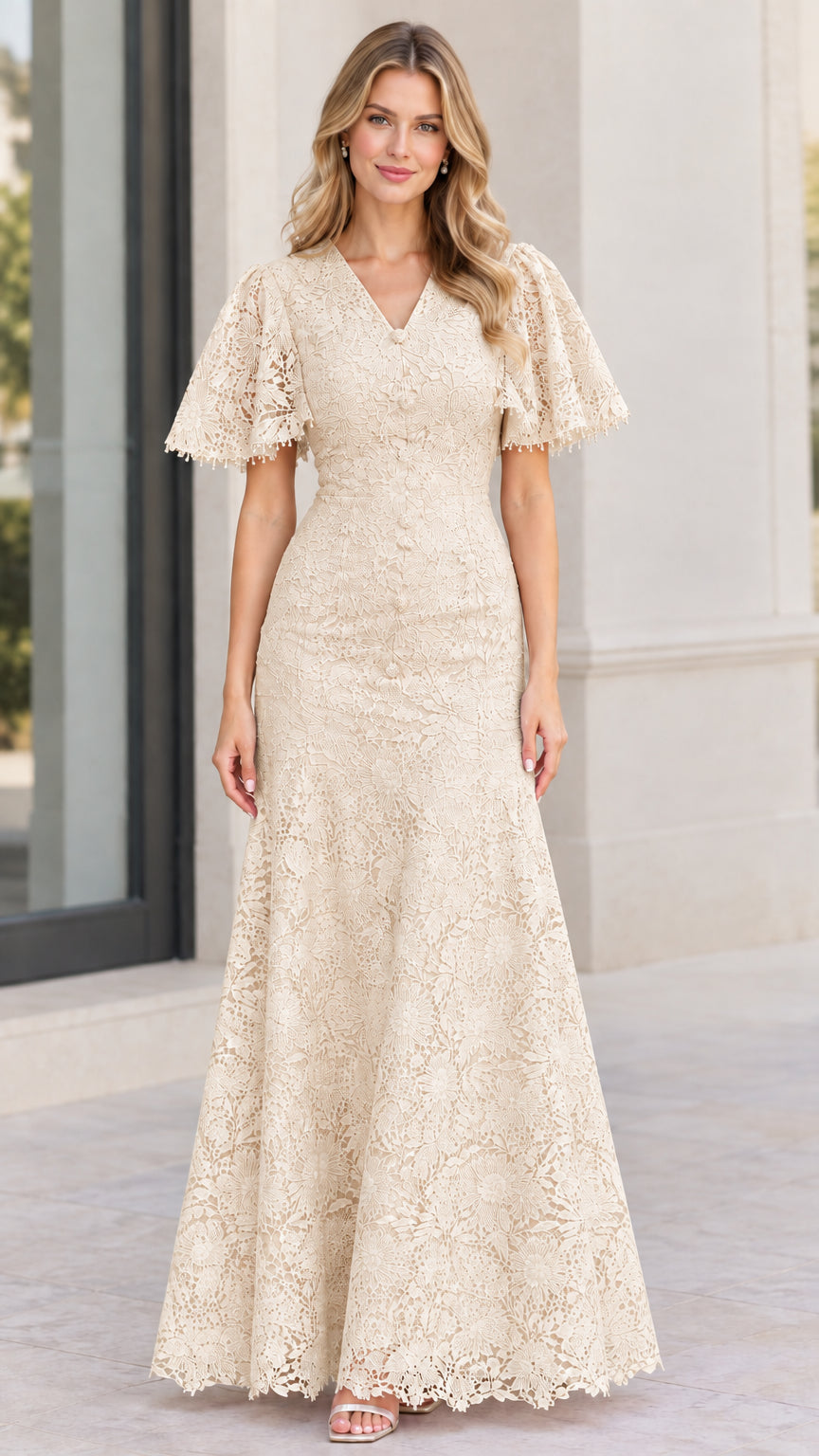 Champagne beige floral lace formal maxi dress