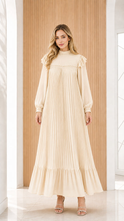 Cream off-white long sleeve pleated modest maxi dress