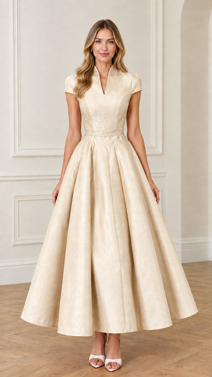 Front view of woman wearing Champagne cream pleated flare formal maxi dress
