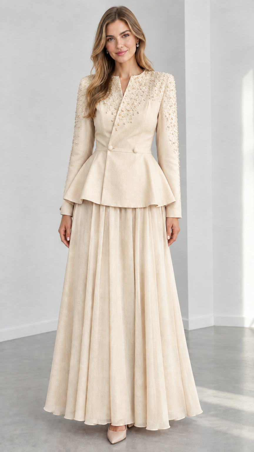 Champagne beige long sleeve beaded peplum dress set with pleated skirt